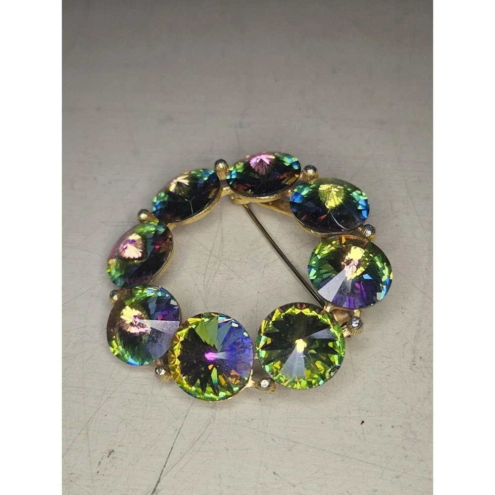 Vintage WEISS Rivoli Rhinestone Brooch Watermelon AB Wreath Gold Tone Pin